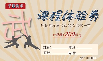 武术课程体验券 代金券