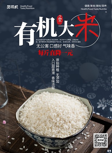 蓝色杂志风美食风农产品有机大米印刷海报