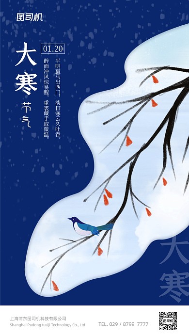 大寒节气蓝色简约插画手机海报
