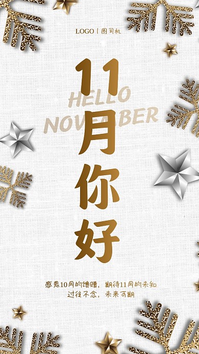 十一月你好雪花简约手机海报