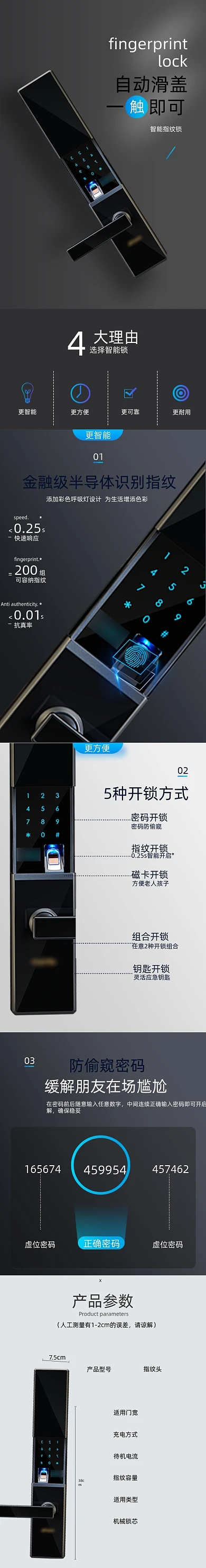 智能电子门锁指纹密码防盗锁详情页