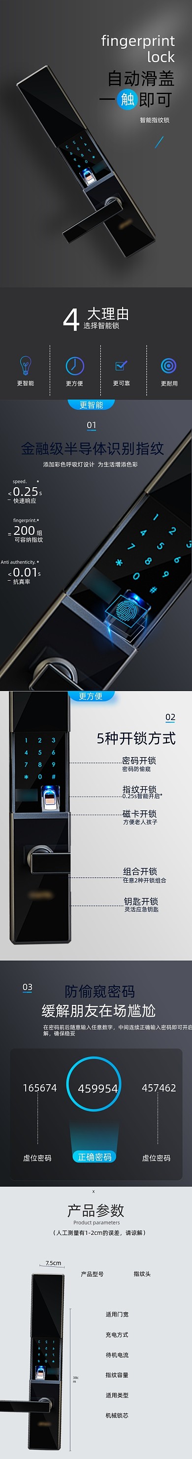 智能电子门锁指纹密码防盗锁详情页