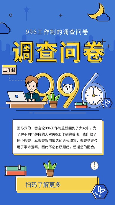 蓝色创意插画996调查问卷手机海报模板