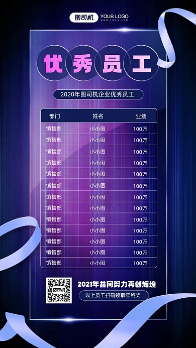 优秀员工表彰蓝色科技感宣传手机海报