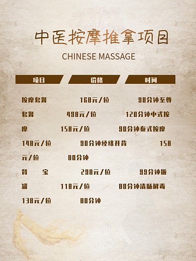 中医按摩推拿养生项目价格海报