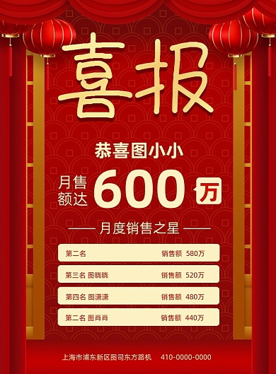 业绩销售喜报红色灯笼印刷海报
