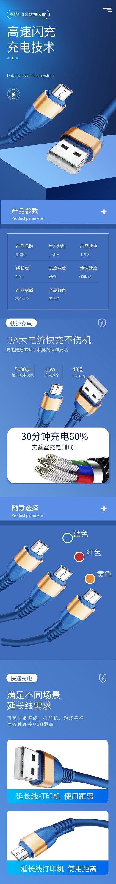 简约蓝色数码电子数据线详情页