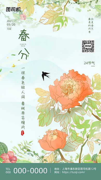 春分节气牡丹花插画清新手机海报
