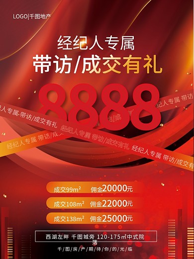 红色大气8888经纪人专属带访成交奖励宣传海报