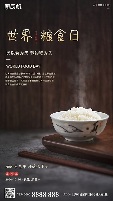 世界粮食日宣传摄影图简约米饭手机海报