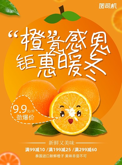 水果橙色清新橙子鲜果促销海报