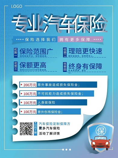 蓝色商业汽车保险海报