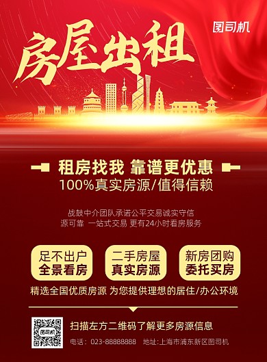 房屋出租红色简约宣传海报