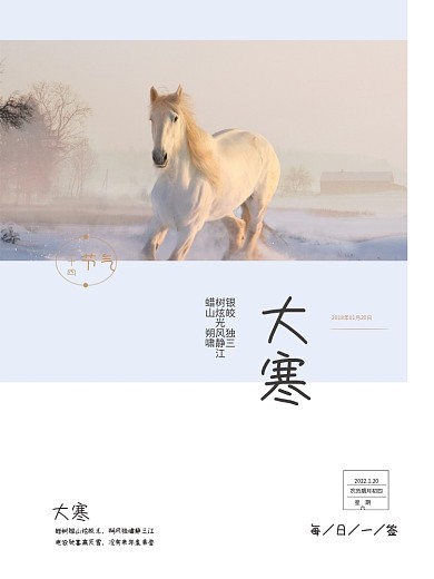 蓝色简约海报风二十四节气大寒每日一签日历