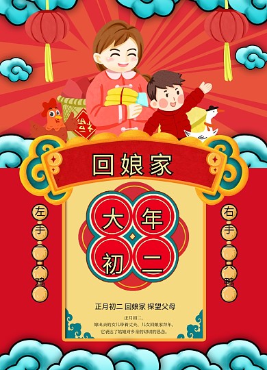 国潮风格大年初二海报