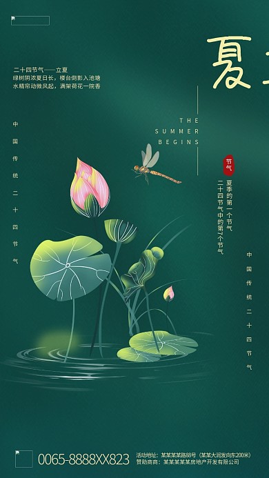 立夏节气荷花绿色创意简洁海报
