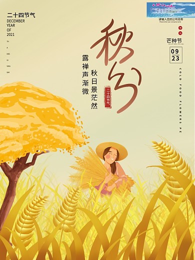 秋分中国风手绘插画简约创意节气海报
