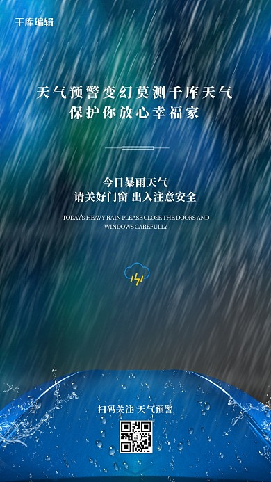 暴雨预警雨点蓝色创意海报