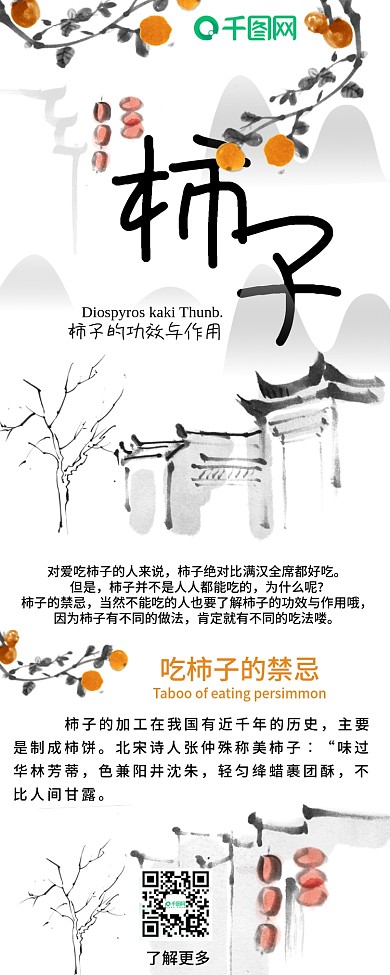 柿子功效水墨中国风干货科普信息长图