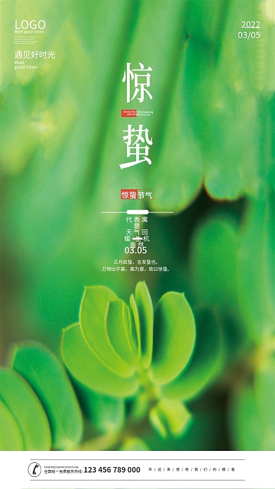 创意绿色二十四节气惊蛰春天春暖花开海报