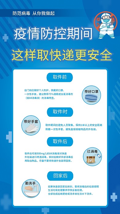 简约蓝色疫情期间取快递的正确姿势公益海报