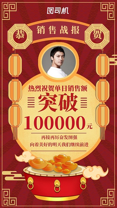 红色中式喜庆鼓元宝销售战报手机海报