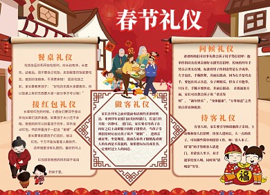 春节礼仪宣传小报红色喜庆创意卡通