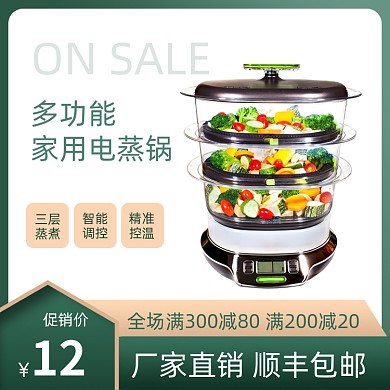 厨房小家电电蒸锅绿色简约风主图直通车