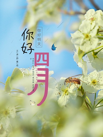 你好四月春天初春梨花树上的小蜜蜂海报