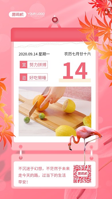 早安粉色浪漫日签手机海报