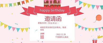原创生日邀请函粉色卡通手机用图公众号封面