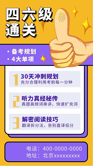 四六级通关技巧宣传卡通手机海报