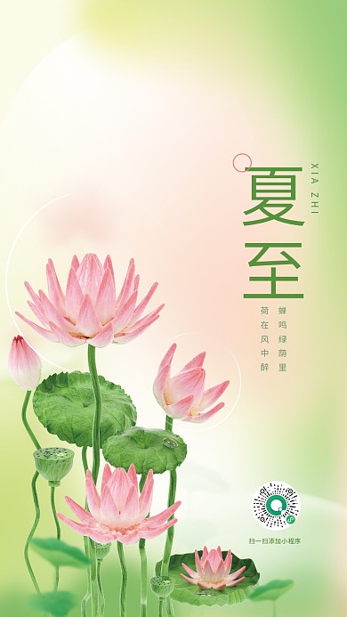 小清新弥蝉鸣绿荫里荷在风中醉夏至夏季荷花3d海报