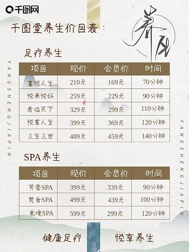 中医足疗养生馆价目表