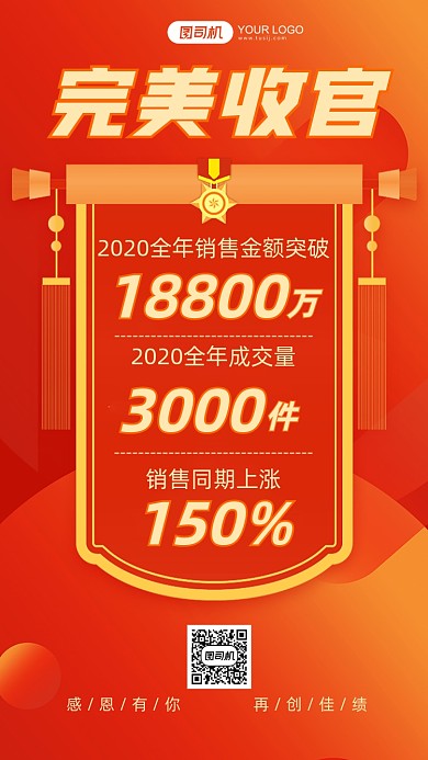 全年销售业绩战报红色渐变锦旗手机海报