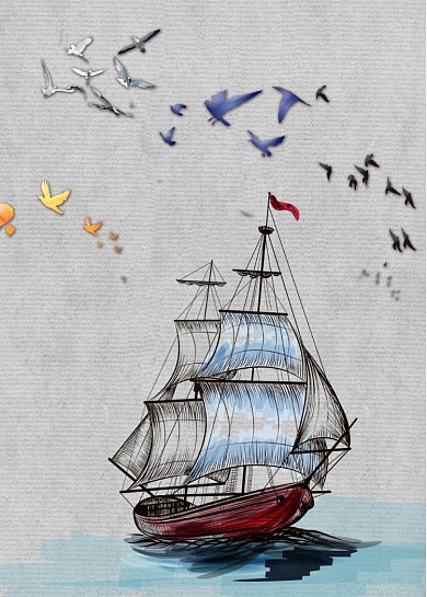 现代时尚金色帆船海浪鸟油画玄关装饰画