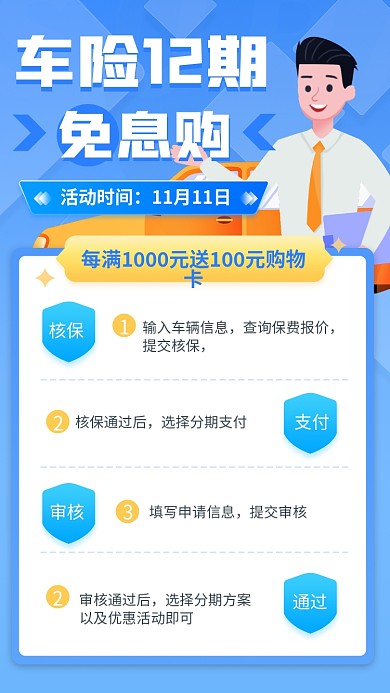 蓝色金融保险营销车险12期免息购福利海报