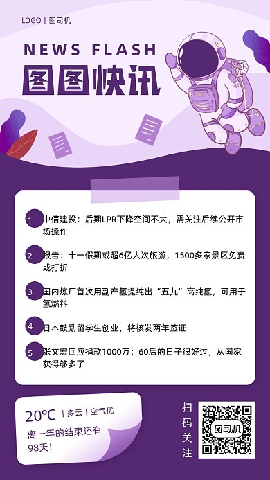 早报快讯紫色简约卡通手机海报