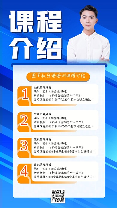 日语课程介绍简约蓝色手机海报