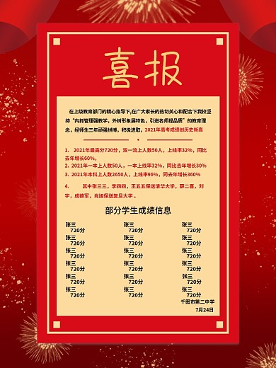 喜报高考成绩通知海报祝福金榜题名