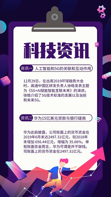 紫色扁平风科技资讯新闻快报手机海报