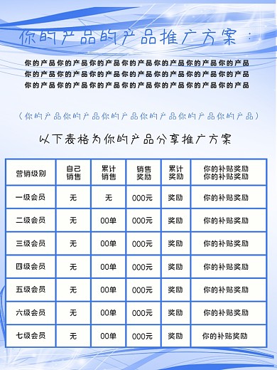 你的产品推广方案等级表格蓝色主题