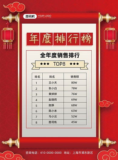 年度排行榜红色喜庆灯笼印刷海报