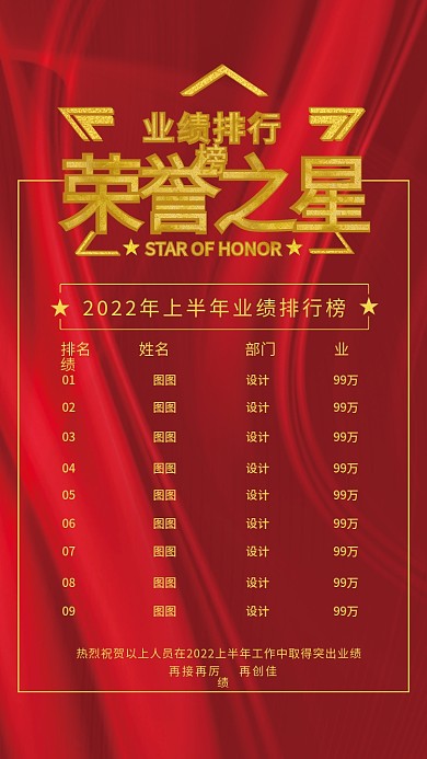 红色企业荣誉之星业绩排行榜排名海报