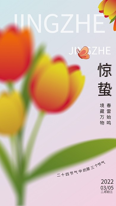 弥散风花朵创意惊蛰简约海报