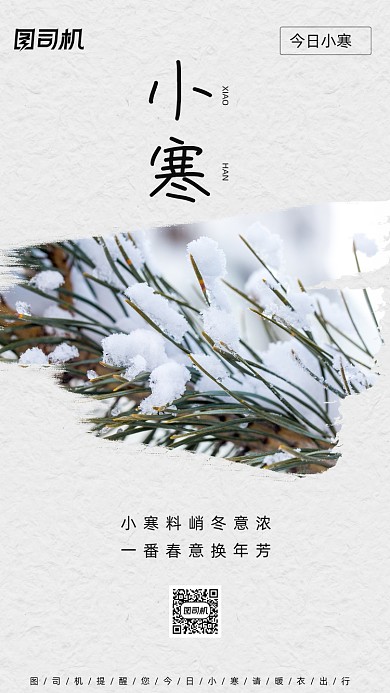 小寒节气冬天寒冷雾凇水墨写实手机海报