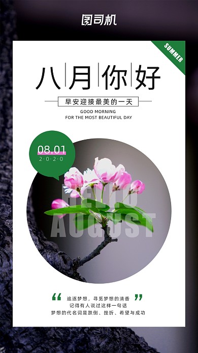 八月你好简约日签宣传海报