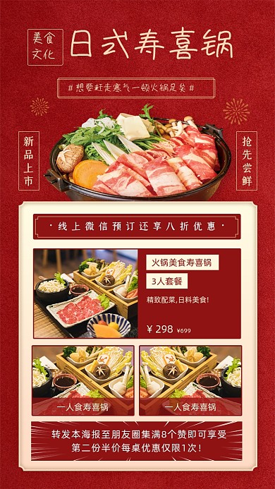 日式寿喜锅美食营销红色大气手机海报
