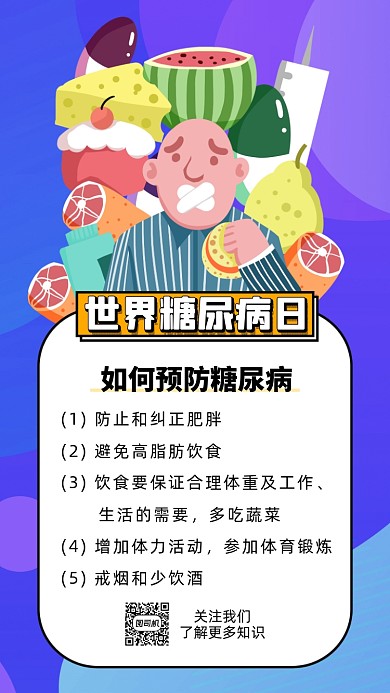 世界糖尿病日卡通插画节日手机海报