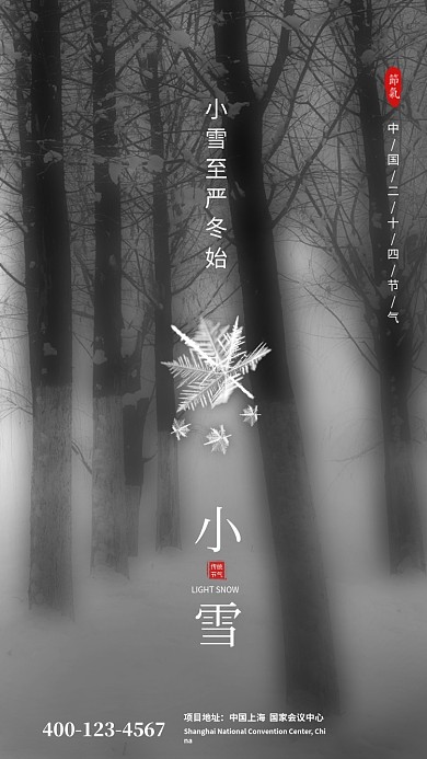 黑白大气简约小雪传统节气手机海报模板